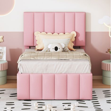 Cama tapizada con cama nido y 3 cajones (203x90x118 cm), cabecero regulable, estructura de MDF y metal, lino y color rosa (1/5)