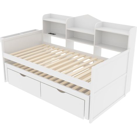Cama nido 90x200 blanca con 2 cajones, almacenamiento, cesta y USB HOMVRA (1/5)