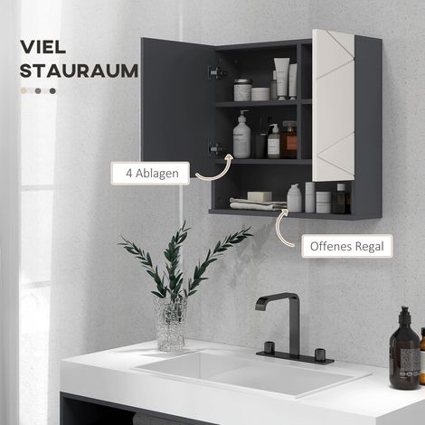 Meuble vasque salle de bain avec porte miroir, étagères ajustables, charge max 15 kg, couleur blanc (1/4)