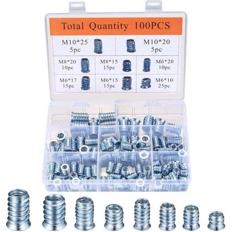 100 Pièces Manchons à Visser, Vis à Tête Fraisée, M6/M8/M10 Boulons à Visser avec Insert à Visser, Insert Écrous à Visser Fileté à Six Pans Creux (1/4)
