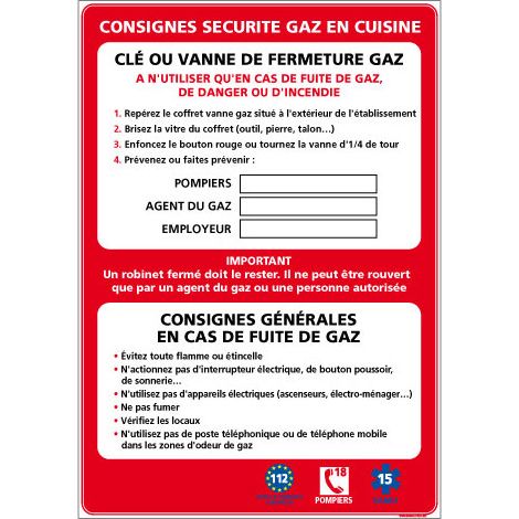 Panneau CONSIGNES SECURITE GAZ CUISINE (A0622) - Adhésif - 150 x 210 mm