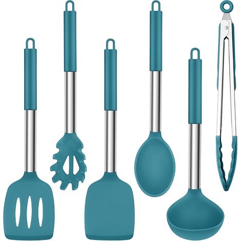 Lot de 6 Ustensiles de cuisine, Silicone résistant chaleur 230°C, Poignée acier inoxydable, Antiadhésif, Cuisson quotidienne