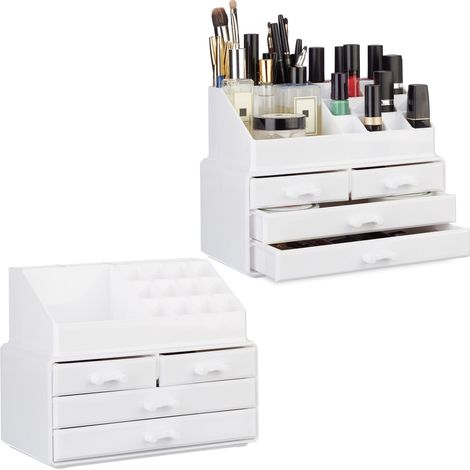 2x Organizer Make-up, Contenitore con Porta-Rossetti e 4 Cassetti, Acrilico, Bianco
