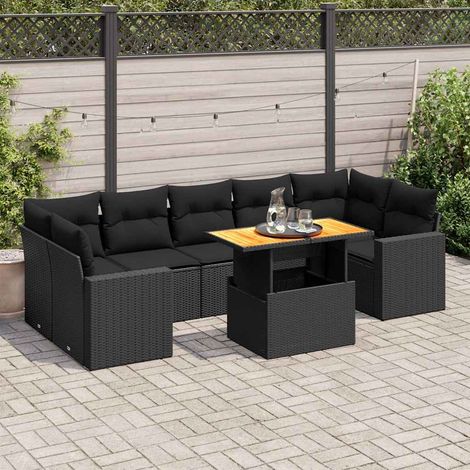 Set de sofás de jardín y cojines 8 piezas ratán sintético negro vidaXL (1/5)