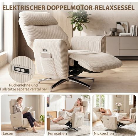 Fauteuil relax électrique inclinable avec fonction repose-pieds, double moteur, rotation 360°, ports USB, revêtement en velours côtelé