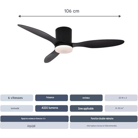 Plafonnier ventilateur 42 pouces avec éclairage LED, contrôle APP et télécommande, moteur DC basse consommation, ventilation réversible, 4320 lm, Noir (1/4)