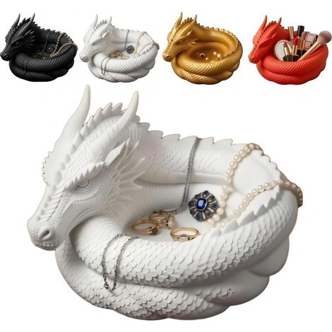Bol fourre-tout imprimé en 3D avec dragon fantaisie, porte-bijoux en forme de dragon noir, pour bagues, clés et pièces de monnaie, décoration de bureau gothique, cadeau pour amoureux de dragon (blanc) (1/5)