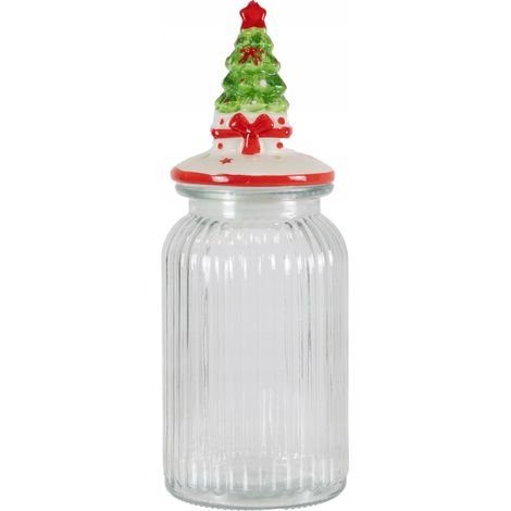 Tarro para galletas navideñas de 1350 ml con tapa de cerámica en forma de árbol de Navidad. (1/5)