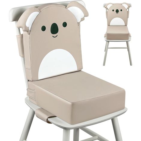 Rehausseur Chaise Enfant PU 10cm avec Dossier et Sangles de Sécurité Réglables en 3 points, Portable Lavable Antidérapant Coussin Rehausseur De Chaise Bebe Enfant - Kaki (1/5)