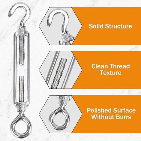 M6 Stainless Steel Turnbuckle with Adjustable Turnbuckle and Grommet for Shade Sail, Cable System, Garden Cable, Fence Tensioner Avec tendeur réglable, crochet et œillet pour voile d'ombrage, système (1/4)