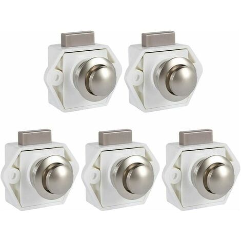 Paquete de 5 pestillos de botón sin llave para puertas de muebles, autocaravanas, armarios y muebles gruesos (blanco) (1/5)