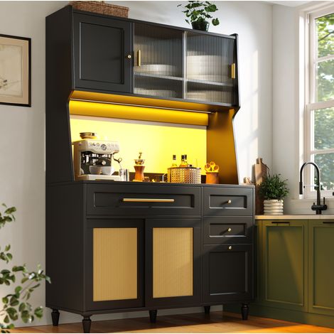 Credenza alta 120x45x195,5 cm in MDF e rattan con illuminazione LED, ripiani regolabili e 3 cassetti, nera (1/5)