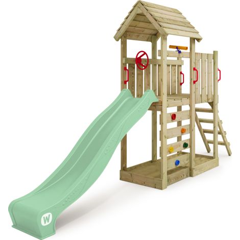 Wickey JoyFlyer playhouse on stilts with slide and climbing wall for toddlers in light green