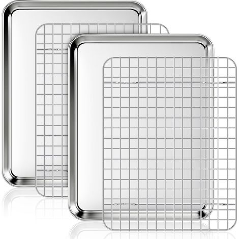 Fire More Baking Tray with Wire Rack, 2 Sets Non-Stick Baking Sheets with Grid Cooling Racks, Stainless Steel Cookie Pans for Oven Cooking, Size 31.5 x 24.5 x 2.5 CM