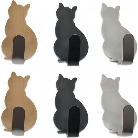 Lot de 6 crochets porte-serviettes en acier inoxydable pour petits chats, crochets muraux décoratifs pour la maison, la cuisine, la salle de bain, le rangement du bureau, sans clous (1/5)