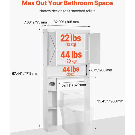 Meuble de Rangement WC Hauteur 171,3 cm, Rangement au Dessus des Toilettes ou Machine à Laver, avec Double Porte et Étagère Réglabl… (1/5)