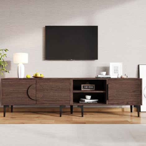 Meuble TV bas 180x35x49 cm avec 3 portes et 2 niches ouvertes, pour écran jusqu'à 80 pouces, panneau de particules, noyer foncé et noir (1/5)