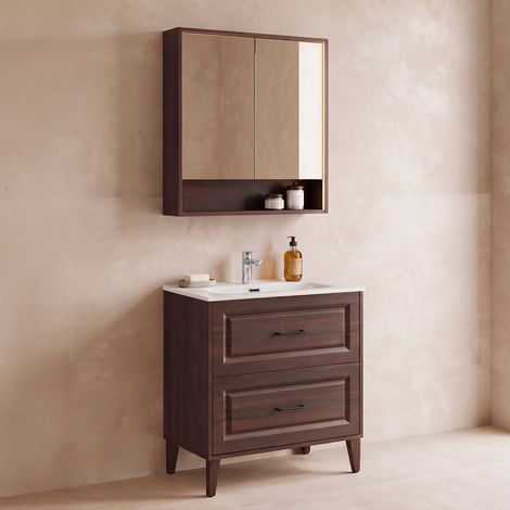 Conjunto de mueble con lavabo empotrado de 80 cm y armario con espejo «Moka» en madera oscura (1/4)