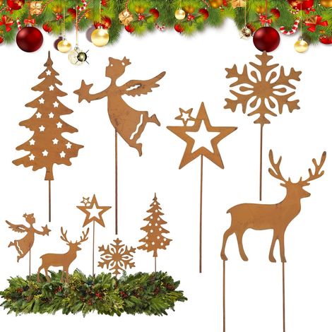 5 Piquets Decoration Jardin Exterieur Piquets Jardin Noël Rouille Kit Décoration Lutin Sapin Noël Cerf Noel Flocon (1/5)