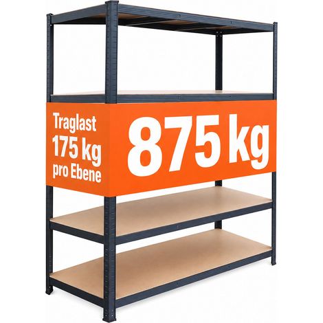 Relaxdays Schwerlastregal, HBT: 200x120x60 cm, Traglast 875 kg, 5 MDF-Ebenen, Lagerregal Keller, zum Stecken, anthrazit