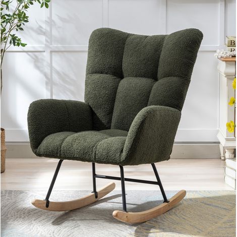 Chaise à bascule en tissu teddy vert foncé avec poche et base en bois (1/5)