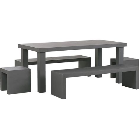 Conjunto de comedor de jardín mesa rectangular de cemento reforzado gris 2 bancos con forma de U 2 taburetes 6 plazas resistente al agua Taranto
