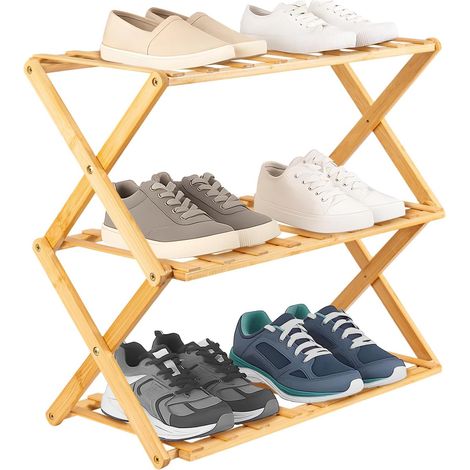 3-Tier Bamboo Shoe Rack Portable Foldable Bamboo Shoe Storage Rack for Corridor Bedroom Small Spaces No Installation Required (1/5)