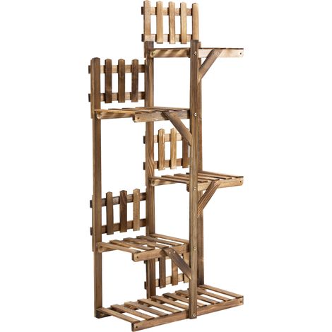 Scaffale portavaso in legno Outsunny, 5 ripiani, piccole barriere decorative, 60 x 30 x 130 cm, legno di abete carbonizzato trattato per interni, giardino, terrazzo, balcone