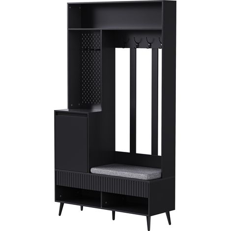 Mobile ingresso con panca portascarpe e appendiabiti da parete nero in MDF 100x35x180 cm (1/5)