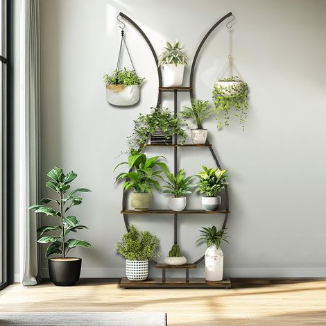 Support de Plantes d’intérieur Designe: 74x30x181cm Étagère Plante en Métal Porte Fleur pour Salon Balcon Présentation avec Dispositif Anti-Renversement - Brun Rustique et Noir (1/5)