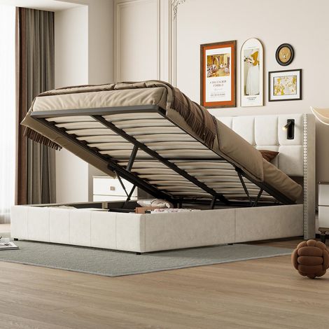 Letto matrimoniale 160x200 cm – Letto per adulti - Beige – Letto contenitore – Illuminazione a LED – Rete a doghe – Design moderno (1/5)