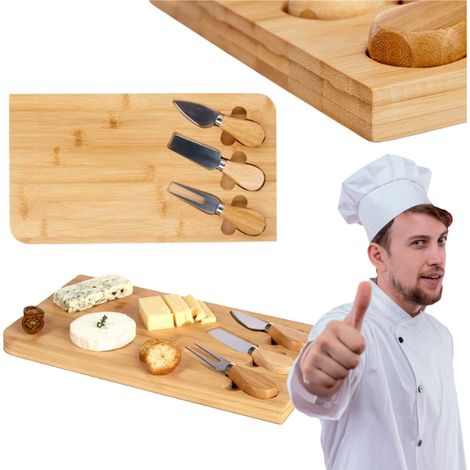 Tabla de bambú para aperitivos con juego de cuchillos de madera para queso (1/4)