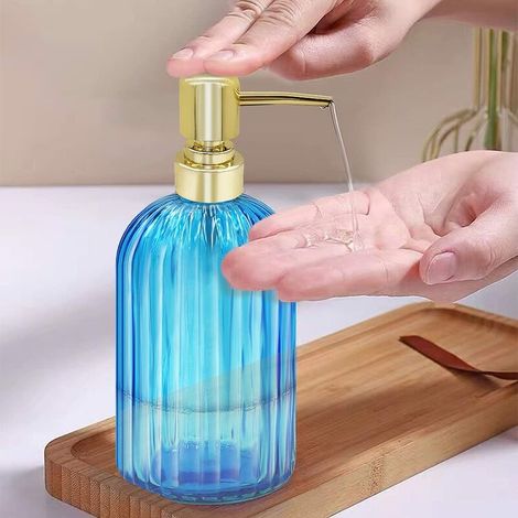 royaluxe - Lot de 2 distributeurs de Savon de Cuisine en Verre avec Pompe, Distributeur de Savon Transparent pour Les Mains, Liquide Vaisselle sous Lotion (Bleu) (1/3)