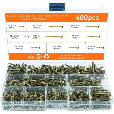 Set di 400 viti autofilettanti universali per legno, M3, M3.5 e M4, con testa svasata e a croce, filettatura completa per legno. (1/4)