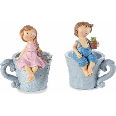 Vasi in resina a tazzina con decorazione coppia di bambini sul bordo, set da 4 pezzi, cm 10 x 9 x 13 H