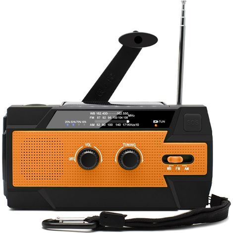 Tragbares Kurbelradio mit Wetterfunktion, 4000 mAh externer Akku, solarbetrieben, mit Taschenlampe und SOS-Alarm (orange)