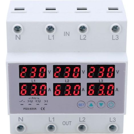 Dreiphasen-Voltmeter auf DIN-Schiene, Wechselstrom 390-500 V, Dreiphasen-Voltmeter-Amperemeter auf DIN-Schiene, automatischer Überspannungs- und Überstromschutz, Multitester (63 A) (1/4)