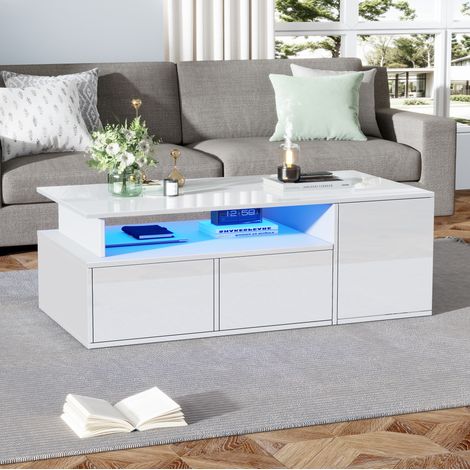 Table basse en panneaux de particules blanc brillant 100 x 50 cm avec LED et 2 tiroirs (1/5)