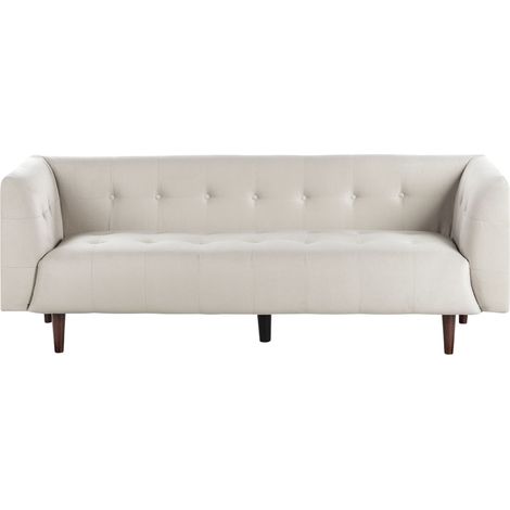 Divano moderno a 3 posti imbottito in tessuto con gambe in legno e schienale con bottoni modello beige chiaro Byske
