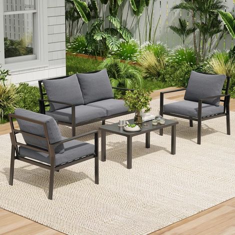 Garden Furniture 4 Seater Outdoor Sofa Set Fabric Upholstered Coffee Table with Steel frame , Grey