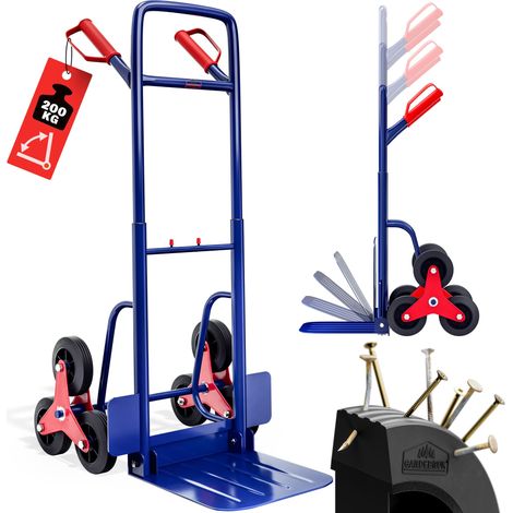 Gardebruk – Diable repliable 200kg – 6 roues en caoutchouc – Poignée réglable – Construction acier – Bavette rabattable pour escalier