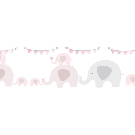 Papier peint motif animal Profhome 403749 bordure auto-adhésive légèrement texturé avec des éléphants mat rose gris blanc 0,75 m2 (1/5)