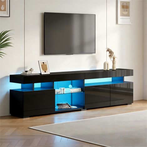 Meuble TV laqué brillant 180x35x45 cm - 3 portes - Avec LED - Étagères en verre trempé réglables - Panneaux de particules - Noir