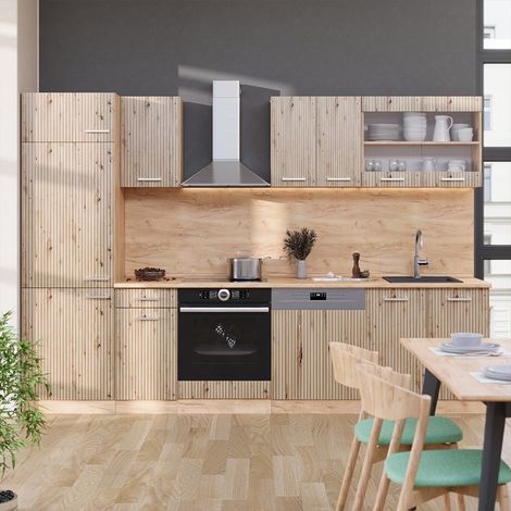 Cuisine R-Line, Chêne Artisan/Chêne doré, 300 cm , PT Marbre, Vicco