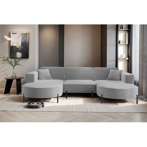 Wohnlandschaft U-Form Sofa VALENCIA in Stoff Quelle Hellgrau