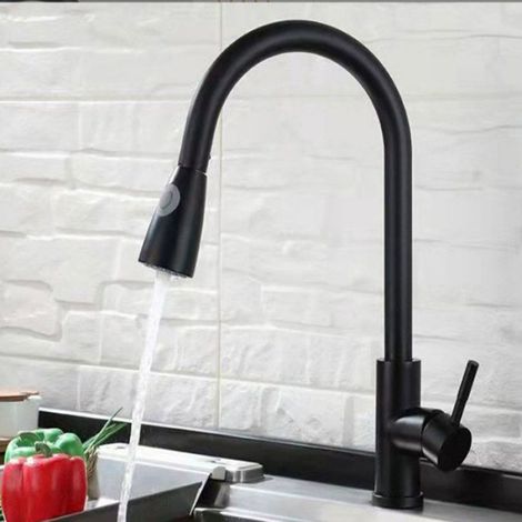 Robinet de cuisine en acier inoxydable 304 acier inoxydable, robinet d'évier extractible, double poignée rétractable - Noir (1/4)