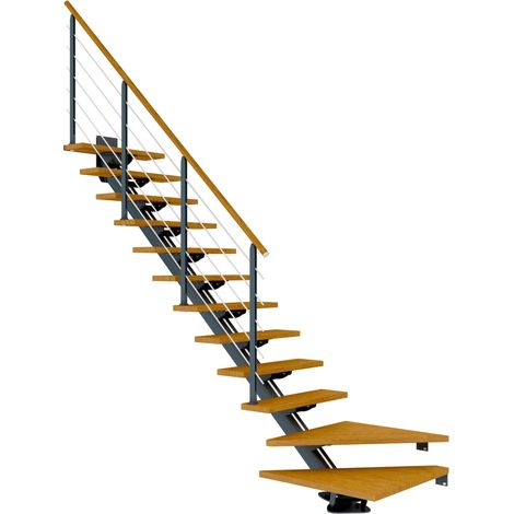 Dolle Mittelholmtreppe Sydney in Eiche, geölt 75 cm breit 1/4 gewendelt für Geschosshöhen 240 – 292 cm UK Metall Anthrazit mit einseitigem Designgeländer
