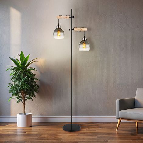 Stehlampe 2 flammig Stehleuchte höhenverstellbar Beistelllampe Wohnzimmerlampe Holzleuchte Rauchglas, 2x E27, L 48 x 168 cm