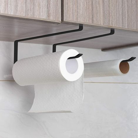 Lot de 2 porte-rouleaux de papier essuie-tout sans perçage, 27 cm, pour cuisine et salle de bain, noir (1/3)
