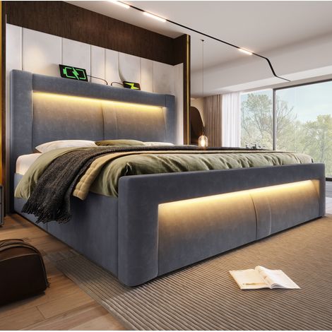 Bett Doppelbett 160x200 Stauraum LED Ladeanschluss Grau OKMYHOME (1/5)